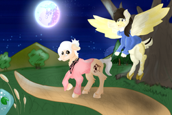 Size: 3000x2000 | Tagged: safe, artist:euspuche, oc, oc:eustakia, oc:vanellope, earth pony, pegasus, pony, alternate timeline, forest, high res, looking at each other, looking at you, moon, night, nightmare takeover timeline, older