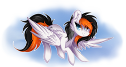 Size: 3182x1700 | Tagged: safe, artist:woonborg, oc, oc only, oc:rainy sky, pegasus, pony, cheek fluff, chest fluff, cutie mark, ear fluff, female, fluffy, flying, mare, simple background, smiling, solo, transparent background, wings, ych result