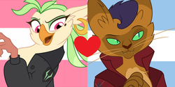 Size: 1000x500 | Tagged: safe, artist:prideponies, capper dapperpaws, captain celaeno, abyssinian, anthro, g4, my little pony: the movie, achillean, achillean pride flag, caplaeno, chest fluff, duo, headcanon, lgbt, lgbt headcanon, male, pride, sapphic, sapphic pride flag, shipping, shipping domino