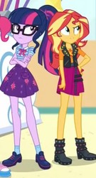 Size: 268x495 | Tagged: safe, screencap, sci-twi, sunset shimmer, twilight sparkle, equestria girls, equestria girls specials, g4, my little pony equestria girls: better together, my little pony equestria girls: rollercoaster of friendship, boots, clothes, cropped, crossed arms, female, geode of empathy, geode of telekinesis, hand on hip, jacket, ponytail, shoes, skirt