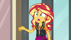 Size: 1280x720 | Tagged: safe, screencap, sunset shimmer, equestria girls, g4, my little pony equestria girls: better together, so much more to me, clothes, confused, female, geode of empathy, jewelry, leather vest, magical geodes, necklace, shoulderless shirt, skirt, solo