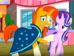 Size: 841x631 | Tagged: safe, screencap, starlight glimmer, sunburst, g4, the parent map, clothes, cropped, glasses, looking at you, robe, sunburst's cloak, sunburst's glasses