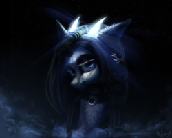 Size: 1280x1024 | Tagged: dead source, safe, artist:vensual99, oc, oc only, pony, rcf community, bust, collar, fangs, horns, looking at you, portrait, solo