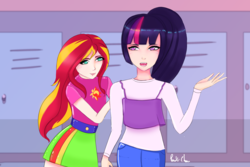 Size: 3000x2000 | Tagged: safe, artist:ponoki-chan, sunset shimmer, twilight sparkle, human, equestria girls, g4, alternate clothes, alternate hairstyle, female, high res, human coloration, humanized, lesbian, request, requested art, ship:sunsetsparkle, shipping