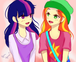 Size: 3000x2460 | Tagged: safe, artist:eyenayemi, sunset shimmer, twilight sparkle, human, equestria girls, g4, alternate clothes, beanie, blushing, cute, cutie mark on clothes, female, hat, high res, human coloration, humanized, lesbian, looking at each other, request, requested art, shimmerbetes, ship:sunsetsparkle, shipping, twiabetes