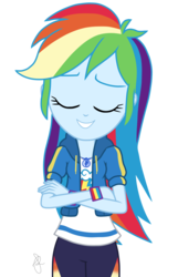 Size: 1000x1550 | Tagged: safe, artist:ilaria122, rainbow dash, equestria girls, equestria girls series, g4, rollercoaster of friendship, clothes, crossed arms, cute, eyes closed, geode of super speed, magical geodes, pants, shirt, simple background, smiling, t-shirt, transparent background, wristband
