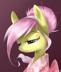 Size: 1700x2000 | Tagged: safe, artist:rosefluffdraws, fluttershy, bird, pegasus, pony, g4, alternate hairstyle, bust, clothes, female, gradient background, hair bun, kimono (clothing), lidded eyes, looking down, mare, portrait, sad, solo