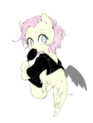 Size: 1300x1720 | Tagged: safe, artist:potetecyu_to, fluttershy, pegasus, pony, semi-anthro, g4, alternate hairstyle, arm hooves, bust, clothes, female, food, hoodie, hoof hold, ice cream, looking at you, looking back, mare, short hair, simple background, solo, spread wings, turned head, white background, wings