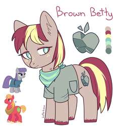 Size: 1872x2000 | Tagged: safe, artist:koteikow, big macintosh, maud pie, oc, oc:brown betty, earth pony, pony, g4, bandana, clothes, color palette, cutie mark, ear fluff, freckles, fusion, name, neckerchief, reference sheet, shirt, signature, unshorn fetlocks