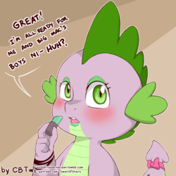 Size: 1200x1200 | Tagged: safe, artist:cold-blooded-twilight, big macintosh, spike, dragon, blushing, bow, crossdressing, dialogue, eyelashes, eyeshadow, femboy, femboy spike, gradient background, implied gay, implied spikentosh, lipstick, looking at you, makeup, male, ribbon, solo, surprised, tail bow