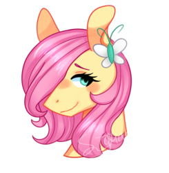 Size: 1024x1045 | Tagged: safe, artist:tosshatiaz4, fluttershy, pegasus, pony, g4, bust, female, hair ornament, hair over one eye, looking at you, looking sideways, mare, portrait, simple background, smiling, solo, transparent background