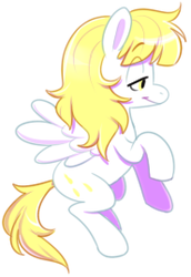 Size: 185x269 | Tagged: safe, artist:norithecat, oc, oc only, oc:golden showers, pegasus, pony, female, flying, simple background, solo, white background