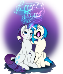 Size: 2900x3400 | Tagged: safe, artist:draltruist, dj pon-3, rarity, vinyl scratch, pony, unicorn, g4, blushing, female, high res, horn, horns are touching, lesbian, looking up, magic, mare, music notes, rariscratch, shipping, sitting, smiling, sunglasses