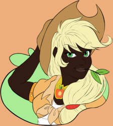 Size: 1351x1500 | Tagged: safe, artist:g-blue16, artist:icicle-niceicle-1517, color edit, edit, applejack, human, g4, apple, applejack's hat, arm behind head, clothes, colored, cowboy hat, dark skin, element of honesty, female, food, hat, humanized, leaf, orange background, racism in the comments, simple background, solo, straw in mouth, tank top, twig