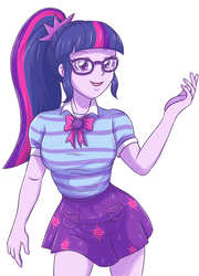 Size: 2338x3248 | Tagged: safe, artist:sumin6301, sci-twi, twilight sparkle, equestria girls, g4, my little pony equestria girls: better together, clothes, female, geode of telekinesis, glasses, high res, open mouth, ponytail, simple background, skirt, smiling, solo, white background