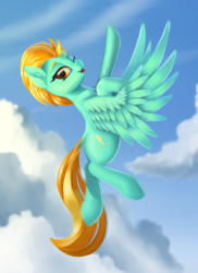 Size: 1239x1700 | Tagged: safe, artist:lightly-san, lightning dust, pegasus, pony, g4, cloud, ear fluff, female, flying, mare, one eye closed, sky, smiling, solo, wink