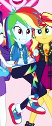 Size: 161x387 | Tagged: safe, pinkie pie, rainbow dash, rarity, sunset shimmer, equestria girls, equestria girls series, g4, so much more to me, clothes, converse, cropped, female, geode of super speed, jacket, magical geodes, offscreen character, pants, shoes, smiling, sneakers