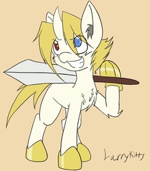 Size: 2749x3139 | Tagged: safe, artist:steelsoul, oc, oc:highlight, pony, unicorn, armored hooves, colt, curved horn, heterochromia, high res, horn, male, smiling, sword, weapon