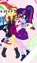 Size: 286x488 | Tagged: safe, screencap, rainbow dash, sci-twi, sunset shimmer, twilight sparkle, equestria girls, equestria girls series, g4, so much more to me, boots, clothes, converse, cropped, female, geode of empathy, geode of super speed, geode of telekinesis, glasses, jacket, looking at you, magical geodes, ponytail, shipping fuel, shoes, skirt, smiling, sneakers, socks