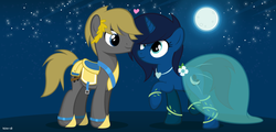 Size: 2250x1080 | Tagged: safe, artist:noah-x3, oc, oc only, oc:noah, oc:serene, pony, unicorn, armor, clothes, dress, female, heart, male, mare, moon, night, norene, oc x oc, shipping, show accurate, stallion, wedding dress