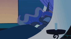 Size: 1050x590 | Tagged: safe, artist:agrol, princess luna, alicorn, pony, in your dream, g4, animated, bed, bedroom, cute, eyes closed, female, gif, luna's room, lunabetes, mare, sleeping, solo, sunrise, youtube link