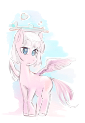Size: 652x942 | Tagged: safe, artist:profiterole, oc, oc only, angel, pegasus, pony, halo, looking at you, pegasus oc, simple background, white background, wings, ych result