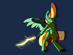 Size: 1360x1041 | Tagged: safe, artist:omegapex, oc, oc only, oc:omega, pegasus, anthro, unguligrade anthro, big hair, cel shading, chest fluff, hoof hold, shield, simple background, solo, sword, weapon, wings
