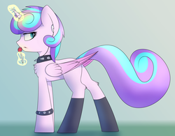 Size: 3583x2789 | Tagged: safe, artist:renderpoint, derpibooru exclusive, princess flurry heart, alicorn, pony, g4, butt, candy, choker, earbuds, female, food, glowing horn, high res, horn, it's not a phase, lollipop, magic, mare, older, older flurry heart, plot, princess emo heart, solo, spiked choker, teenage flurry heart, teenager, telekinesis