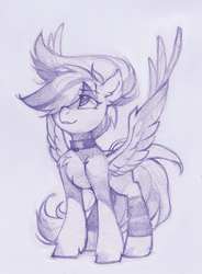Size: 1325x1797 | Tagged: safe, artist:lispp, oc, oc only, pegasus, pony, chest fluff, collar, ear fluff, gift art, monochrome, pencil drawing, simple background, sketch, solo, spread wings, traditional art, white background, wings