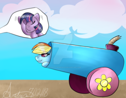 Size: 1024x802 | Tagged: safe, artist:artyanas-workshop, rainbow dash, twilight sparkle, alicorn, pegasus, pony, g4, amino, eyes closed, facehoof, female, lidded eyes, mare, offscreen character, party cannon, peeking, pony cannonball, request, smiling, smirk, solo focus, this will end well, twilight sparkle (alicorn), watermark, what could possibly go wrong