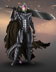 Size: 778x1000 | Tagged: safe, artist:pia-sama, spike, anthro, g4, alternate timeline, armor, ashlands timeline, badass, barren, berserk, cape, clothes, dragon slayer, guts (berserk), implied genocide, male, older spike, post-apocalyptic, solo, sword, the implications are horrible, wasteland, weapon