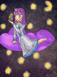 Size: 3000x4000 | Tagged: safe, artist:marie-tea-chan, sweetie belle, human, unicorn, g4, barefoot, blushing, clothes, cute, dress, feet, female, horn, horned humanization, humanized, jewelry, moon, necklace, night, solo, stars