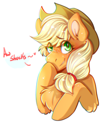 Size: 1783x2000 | Tagged: safe, artist:usvakero, applejack, earth pony, pony, g4, blushing, bust, chest fluff, cute, female, hat, jackabetes, simple background, solo, speech bubble, transparent background