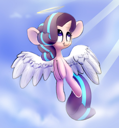 Size: 2800x3000 | Tagged: safe, artist:swerve-art, starlight glimmer, angel, pony, g4, angelic wings, crepuscular rays, female, flying, halo, high res, looking up, solo, spread wings, wings