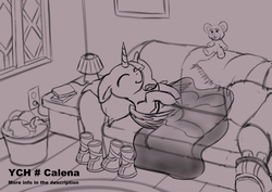 Size: 1280x905 | Tagged: safe, artist:calena, pony, advertisement, backpack, basket, blanket, boots, carpet, commission, couch, cute, lampshade, pillow, shoes, sleeping, sofa bed, solo, teddy bear, window, ych example, your character here