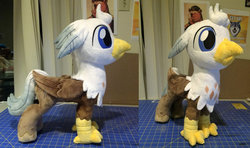 Size: 1024x605 | Tagged: safe, artist:plushypuppy, oc, oc only, oc:silver quill, classical hippogriff, hippogriff, folded wings, irl, male, photo, plushie, solo, standing