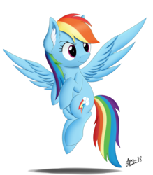 Size: 3500x4000 | Tagged: safe, artist:arcane-thunder, rainbow dash, pegasus, pony, g4, chest fluff, digital art, ear fluff, female, flying, mare, signature, simple background, smiling, solo, spread wings, white background, wings