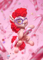 Size: 850x1200 | Tagged: safe, artist:assasinmonkey, twist, earth pony, pony, g4, candy, candy cane, digital painting, female, filly, food, glasses, lollipop, smiling, solo