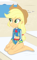 Size: 474x774 | Tagged: safe, edit, edited screencap, editor:grapefruitface, screencap, applejack, equestria girls, equestria girls specials, g4, my little pony equestria girls: better together, my little pony equestria girls: forgotten friendship, applejack's beach shorts swimsuit, applejack's hat, barefoot, beach towel, clothes, cowboy hat, cropped, feet, female, geode of super strength, hat, kneeling, legs, sand, solo, swimsuit