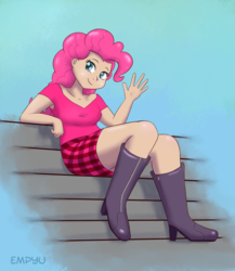Size: 867x1000 | Tagged: safe, artist:empyu, pinkie pie, human, bench, boots, clothes, female, high heel boots, humanized, miniskirt, pink ranger, power rangers, power rangers time force, shoes, simple background, skirt, solo, waving