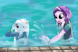 Size: 1024x683 | Tagged: safe, artist:eyonsplicer, starlight glimmer, trixie, equestria girls, g4, beanie, bracelet, clothes, commission, cute, duo, female, hat, jewelry, lesbian, outdoors, ship:startrix, shipping, splash, splashing, swimming pool, water, wet, wet clothes, wet hair