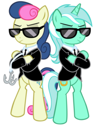 Size: 4922x6592 | Tagged: safe, artist:andoanimalia, bon bon, lyra heartstrings, sweetie drops, earth pony, pony, unicorn, lyra and bon bon and the mares from s.m.i.l.e., my little pony chapter books, absurd resolution, bipedal, clothes, duo, duo female, female, mares in black, s.m.i.l.e., simple background, sunglasses, transparent background, vector