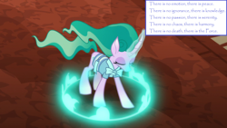 Size: 1280x720 | Tagged: safe, edit, edited screencap, screencap, mistmane, pony, unicorn, campfire tales, g4, season 7, ancient equestria, circle, clothes, crossover, curved horn, ethereal mane, eyes closed, female, flowing mane, horn, jedi code, magic, magic aura, mare, papyrus, solo, star wars, star wars legends, text, text box