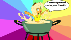 Size: 1280x720 | Tagged: safe, edit, edited screencap, screencap, cheese sandwich, pony, g4, pinkie pride, season 4, dare to be stupid, fondue, male, music notes, party pony, pot, rainbow background, singing, solo, song reference, speech bubble, text, weird al yankovic