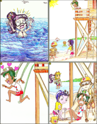 Size: 1215x1548 | Tagged: safe, artist:meiyeezhu, applejack, baewatch, sci-twi, timber spruce, twilight sparkle, oc, oc:widget finley, human, equestria girls, equestria girls series, g4, turf war, applejack's hat, bag, bandage, beach, breasts, broken leg, busty sci-twi, busty twilight sparkle, carrying, clothes, comic, cowboy hat, drowning, epic fail, fail, feet, first aid kit, frustrated, funny, geode of telekinesis, glasses, hat, heart, helmet, hilarious, humanized, hurts like a bitch, idiot, injured, jumping, ladder, leaping, lifeguard, lifeguard applejack, lifeguard timber, love, medic, old master q, parody, ponytail, sandals, shorts, splint, summer, swimsuit, tower, traditional art, upset, vacation, you moron