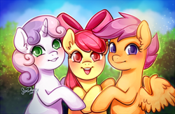 Size: 800x520 | Tagged: safe, artist:stardrawsponies, artist:starsheepsweaters, apple bloom, scootaloo, sweetie belle, earth pony, pegasus, pony, unicorn, g4, blushing, bow, colored pupils, cute, cutie mark crusaders, cutie mark cuties, female, filly, hair bow, looking at you, open mouth, outdoors, satisfied, smiling, spread wings, trio, wings