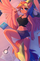 Size: 1752x2686 | Tagged: safe, alternate version, artist:fensu-san, oc, oc only, oc:spectrum dash, alicorn, anthro, digitigrade anthro, alicorn oc, angled leg, anthro oc, bed, book, breasts, clothes, digital art, explicit source, feather, female, lidded eyes, looking at you, lying, lying down, magnifying glass, mare, on back, paper, paws, pen, ponytail, rainbow hair, reasonably sized breasts, sheet, shorts, smiling, solo, spread wings, table, wings