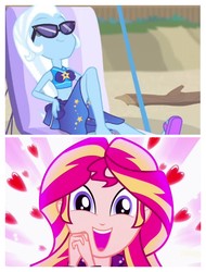 Size: 3106x4096 | Tagged: safe, edit, screencap, sunset shimmer, trixie, equestria girls, equestria girls specials, g4, my little pony equestria girls: better together, my little pony equestria girls: forgotten friendship, my little pony equestria girls: summertime shorts, pet project, clothes, female, lesbian, shimmering the gecko, ship:suntrix, shipping, shipping domino, sunglasses, swimsuit
