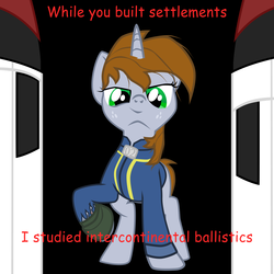 Size: 5000x5000 | Tagged: safe, artist:aaronmk, oc, oc only, oc:littlepip, pony, unicorn, fallout equestria, absurd resolution, clothes, comic sans, edgy as fuck, fanfic, fanfic art, female, freckles, hooves, horn, i studied the blade, jumpsuit, lidded eyes, mare, meme, pipbuck, smug, solo, text, vault suit