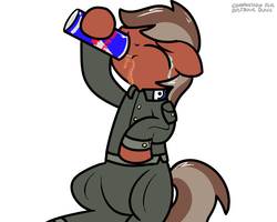 Size: 1000x800 | Tagged: safe, artist:pokefound, oc, oc:dustbowl dune, earth pony, pony, clothes, crying, drink, energy drink, flight suit, hoof hold, male, red bull, solo